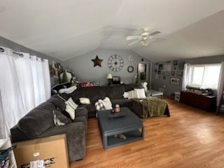 living room with vaulted ceiling, hardwood / wood-style floors, and ceiling fan