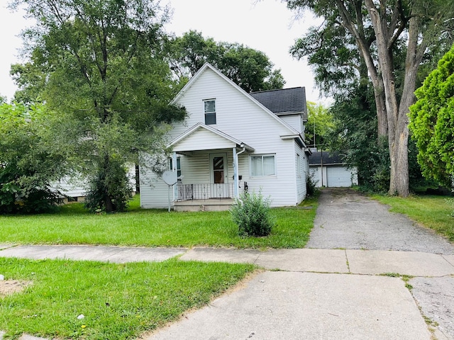 view of front facade with a garage, an outdoor structure, covered porch, and a front lawn