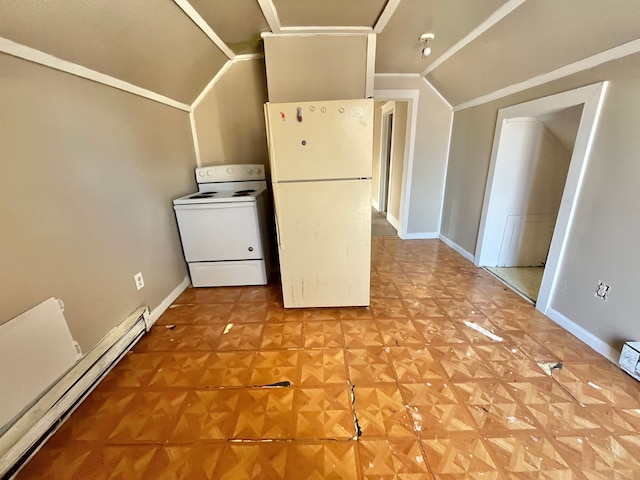 kitchen with parquet flooring, white appliances, lofted ceiling, and a baseboard heating unit