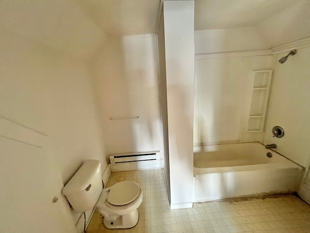 bathroom with a baseboard heating unit, washtub / shower combination, and toilet