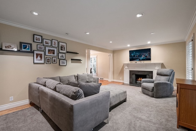 living room featuring wood-type flooring, ornamental molding, and a premium fireplace