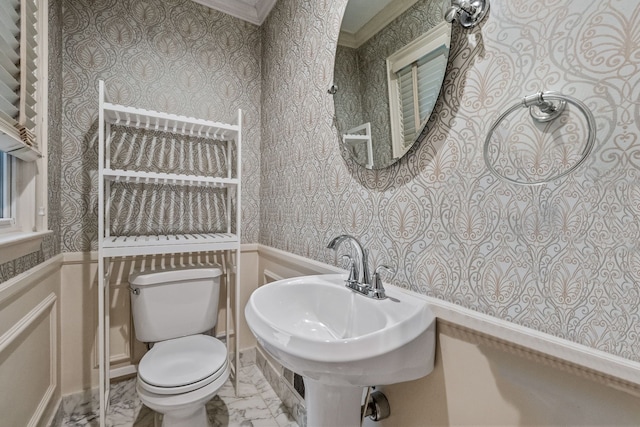 bathroom with ornamental molding, toilet, and sink