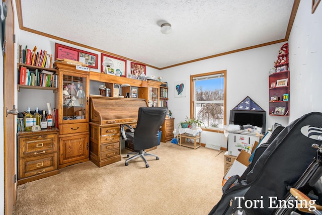 office featuring light colored carpet, ornamental molding, and a textured ceiling