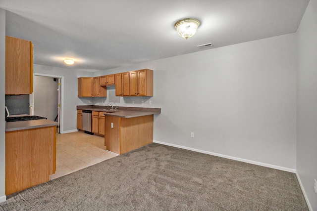 kitchen with light carpet, sink, stainless steel dishwasher, and kitchen peninsula