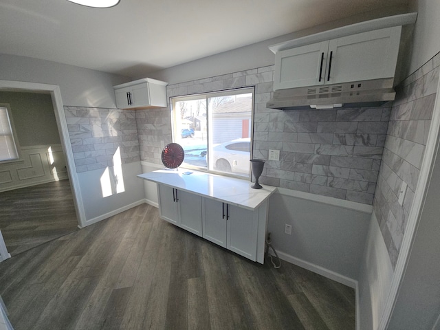 kitchen featuring white cabinetry and dark wood-type flooring