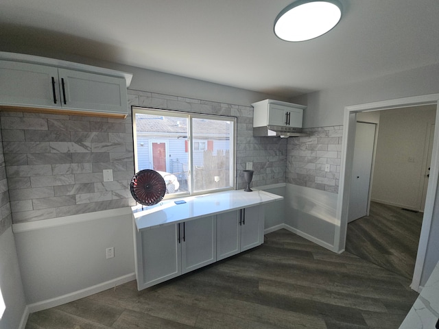 kitchen featuring dark wood-type flooring and white cabinets