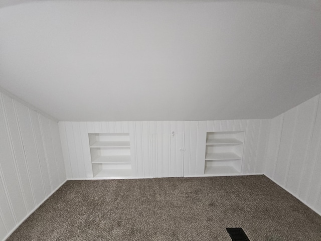 additional living space featuring built in shelves, lofted ceiling, and carpet