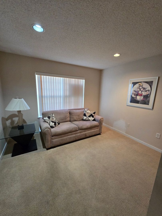 living room featuring a textured ceiling and carpet flooring