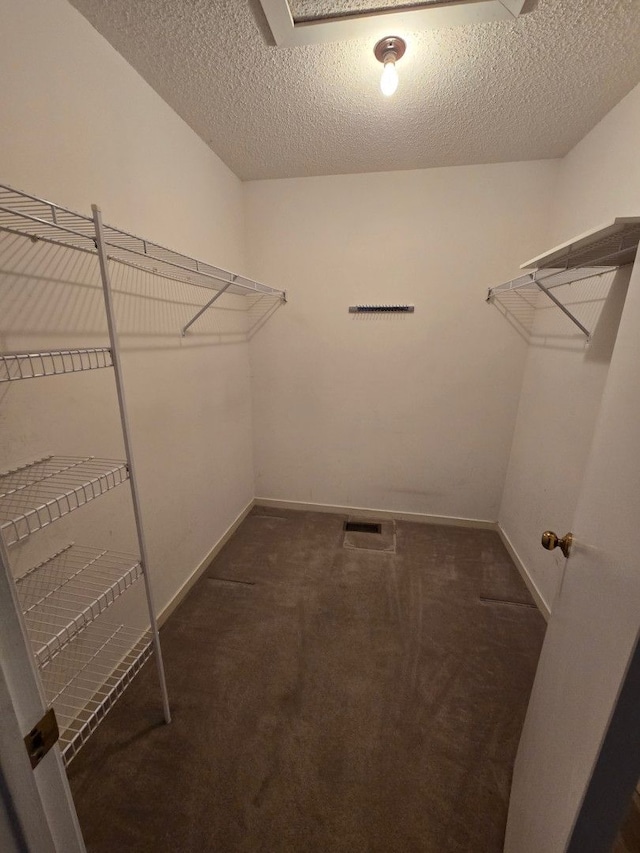 spacious closet featuring dark carpet