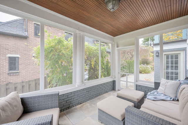 sunroom featuring a healthy amount of sunlight and wood ceiling