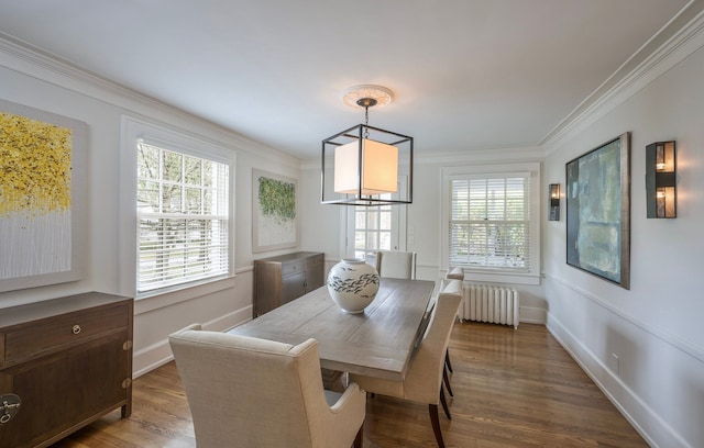 dining room with dark wood-type flooring, radiator heating unit, and ornamental molding