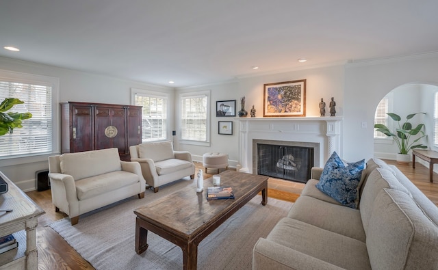 living room featuring crown molding and light wood-type flooring