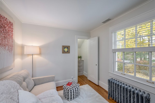 living area featuring crown molding, radiator heating unit, a wealth of natural light, and light wood-type flooring