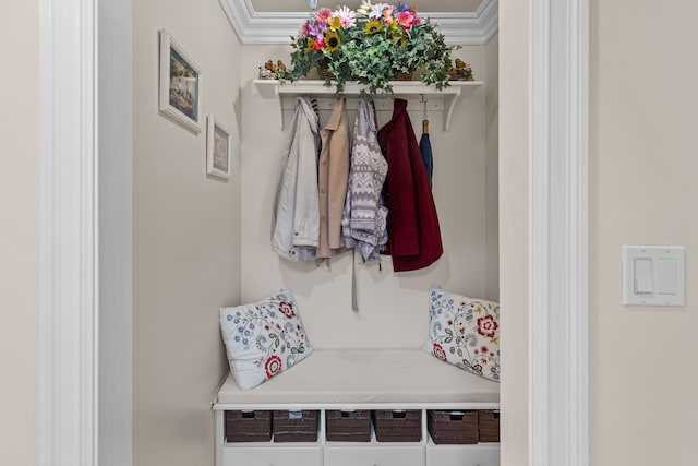 mudroom featuring ornamental molding