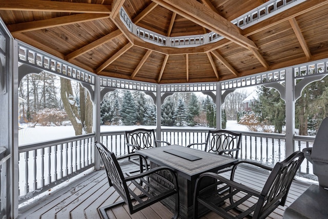 snow covered deck featuring a gazebo