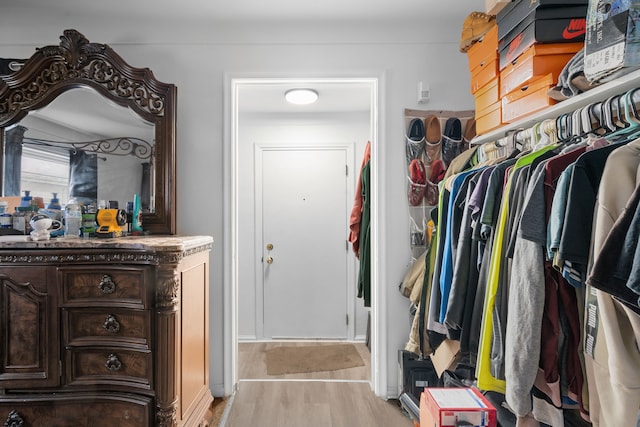 walk in closet featuring light hardwood / wood-style flooring