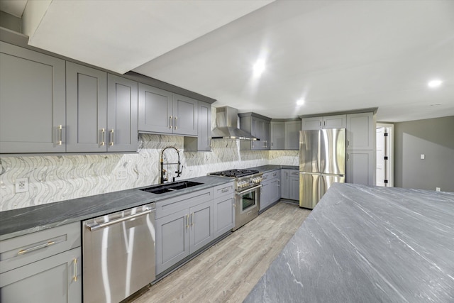 kitchen featuring appliances with stainless steel finishes, gray cabinets, sink, and wall chimney range hood