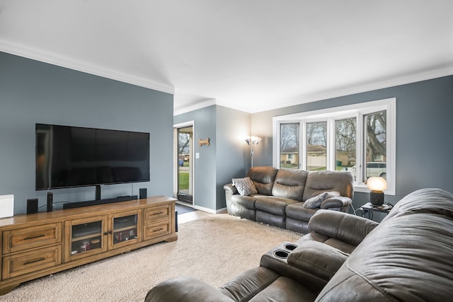 living room featuring crown molding and carpet flooring