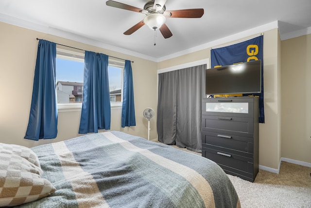 bedroom featuring light colored carpet and ceiling fan