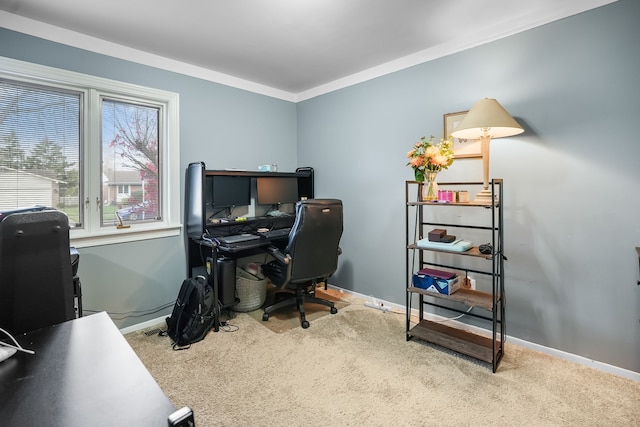 office area featuring crown molding and carpet