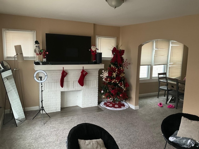 interior space featuring a fireplace and carpet