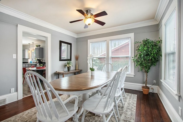 dining room featuring ceiling fan, ornamental molding, and dark hardwood / wood-style flooring