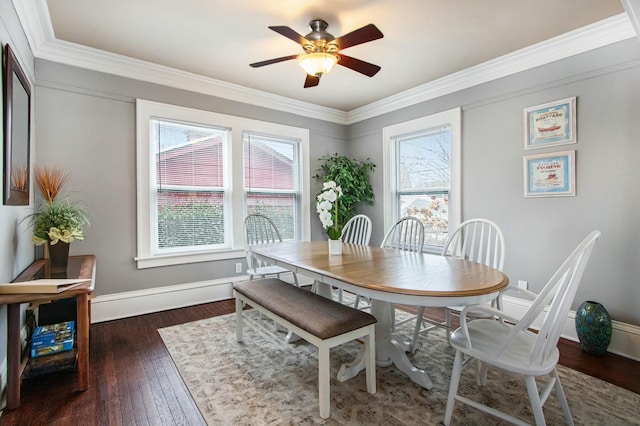 dining room featuring ornamental molding, dark hardwood / wood-style floors, and ceiling fan