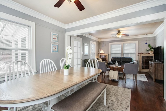 dining area featuring crown molding, ceiling fan, and dark hardwood / wood-style flooring