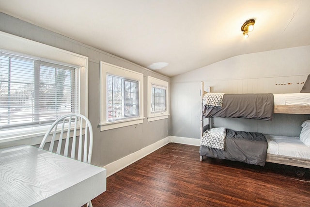 bedroom with dark hardwood / wood-style flooring and vaulted ceiling