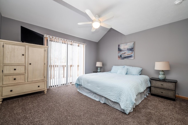 carpeted bedroom with baseboards, access to exterior, a ceiling fan, and vaulted ceiling