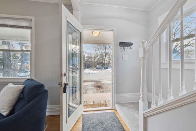 foyer entrance featuring light hardwood / wood-style flooring, plenty of natural light, and ornamental molding