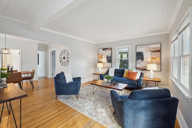 living room featuring crown molding, wood-type flooring, and beamed ceiling