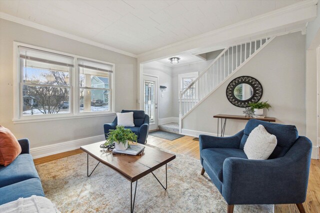 living room featuring crown molding and light hardwood / wood-style flooring