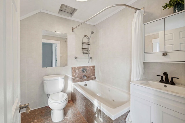 full bathroom with shower / bath combo, tile walls, crown molding, and toilet