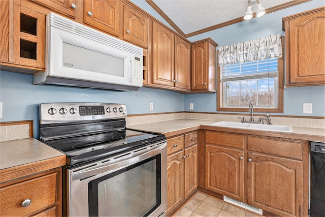 kitchen with stainless steel electric stove, black dishwasher, sink, ornamental molding, and a textured ceiling