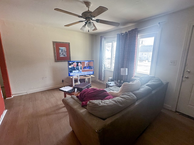 living room featuring ceiling fan and hardwood / wood-style floors