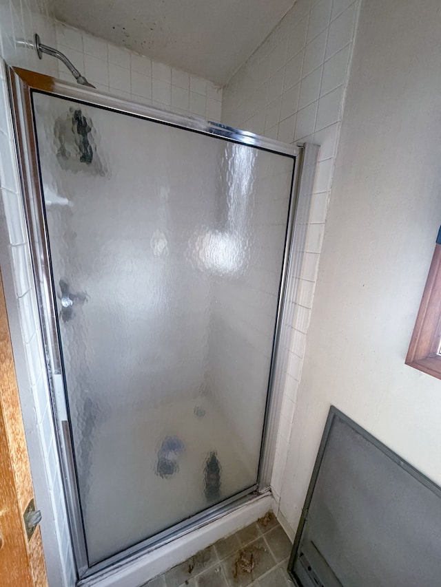 bathroom with a shower with door and tile patterned floors