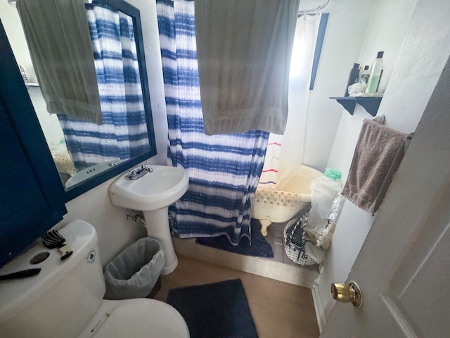 bathroom featuring a shower with shower curtain and toilet