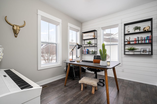 home office featuring wooden walls, dark hardwood / wood-style flooring, and heating unit