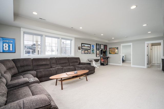 carpeted living room featuring a raised ceiling