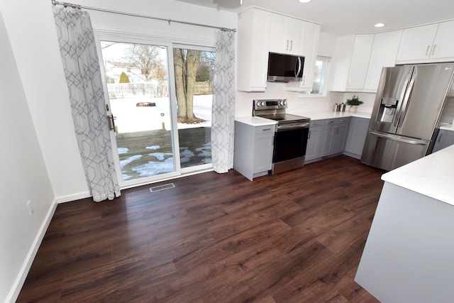 kitchen featuring white cabinetry, a wealth of natural light, gray cabinets, and appliances with stainless steel finishes