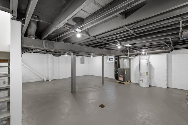 basement with heating unit, electric panel, and water heater