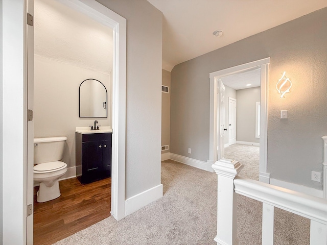 bathroom featuring vanity, toilet, and wood-type flooring