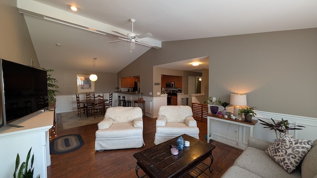 living room featuring lofted ceiling with beams, dark wood-type flooring, and ceiling fan