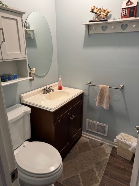 bathroom featuring vanity, toilet, and wood-type flooring