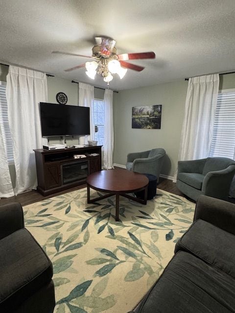 living room with ceiling fan, wood-type flooring, and a textured ceiling