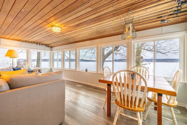 sunroom featuring a water view and wood ceiling