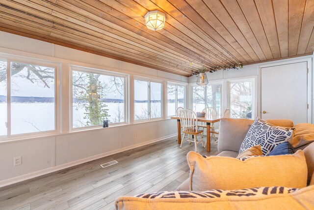 sunroom featuring a water view and wooden ceiling