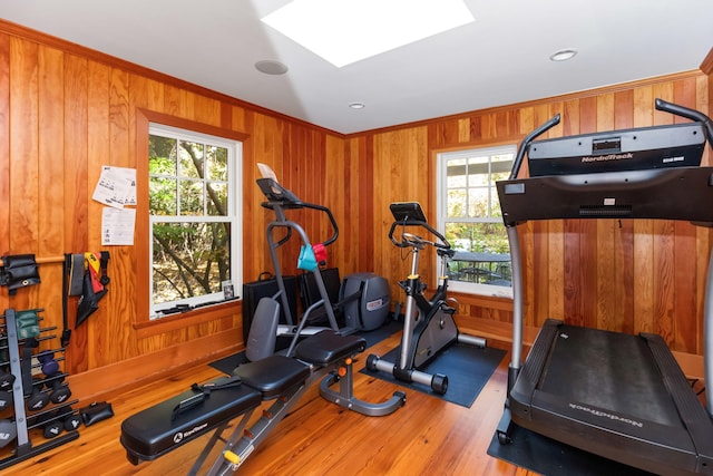 workout area with ornamental molding, plenty of natural light, hardwood / wood-style floors, and wood walls