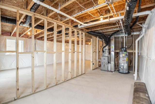 basement with heating unit and gas water heater